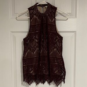 LC Lauren Conrad Burgundy Lace Blouse